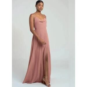 Jenny Yoo Brinley Maxi Dress Cowl Neck Tie Strap Chiffon Bridesmaid Gown Clay